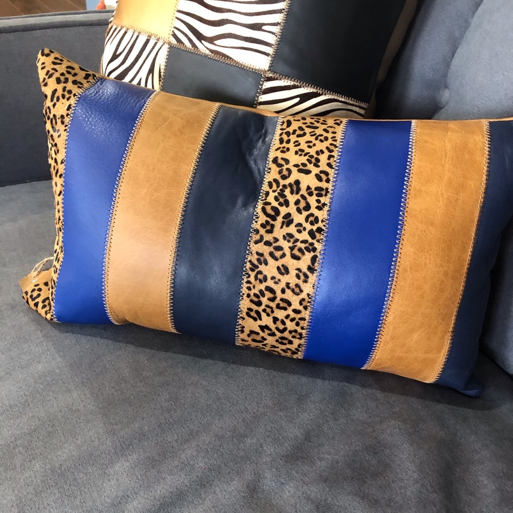 Saddle leather leopard blue leather pillow NWT